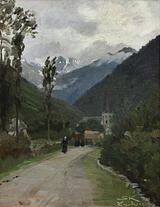 P.S. Krøyer: Bjerglandskab i gråvejr med figurer på en vej. Luchon (1886). Den Hirschsprungske Samling