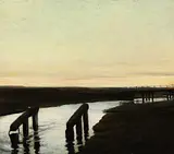 Johan Rohde: ’Aften ved Karup Å’, 1889. Den Hirschsprungske Samling. Åen snor sig som et bånd af sølv gennem landskabet.&nbsp;