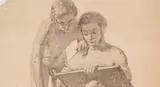 Jørgen Roed: 'Modelgruppe med siddende mand med tavle og stående dreng', 1833. Den Hirschsprungske Samling.