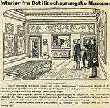 Politiken bragte denne tegning ved museets indvielse. Man ser to hovedpersoner bag museet: den kommende direktør Emil Hannover t.v. og bestyrelsesformand A.P. Weiss. Foran dem står sønnen Oscar Hirschsprung. 