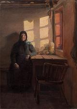 Anna Ancher var den eneste skagensmaler, som var opvokset i Skagen. Hun malede især interiører med studier af lysets virkninger. Her i en blind skagenskones hjem malet i 1885.