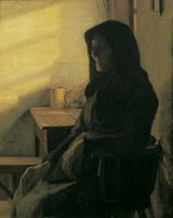 This blind local woman appears several times in Anna Ancher’s paintings. In 1883 Ancher did this oil painting, which shows us a more close-up view of the woman. It is set in the same quiet corner of the house as the painting done two years later.