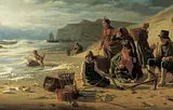 Carl Bloch:&nbsp; Fiskerfamilier, som venter deres mænds hjemkomst ved et frembrydende uvejr. Jyllands vestkyst. 1858, olie på lærred, Den Hirschsprungske Samling.