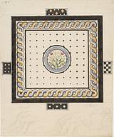 The artist Joakim Skovgaard created the decorative schemes for the museum lobby. The illustration shows his design for a mosaic floor featuring a tobacco plant in the centre. 