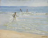 Krøyer har med sans for det realistiske fokuseret på lysets skarpe refleksioner, vandets og drengenes energi i dette friluftsstudie fra Skagen fra 1892.