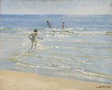 Krøyer har med sans for det realistiske fokuseret på lysets skarpe refleksioner, vandets og drengenes energi i dette friluftsstudie fra Skagen fra 1892.