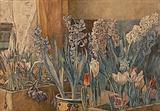 Krokus, hyacinter og tulipaner udgør næsten hele billedfladen i Anna Sybergs akvarel ’Forårsblomster’ fra 1898. Samme år erhvervede Henrich Hirschsprung værket, efter det havde været udstillet på Charlottenborgs Forårsudstilling. 