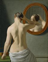 Eckersberg was instrumental in introducing the use of female models and painting classes at the Copenhagen art academy. Here he has painted the model Florentine in A Nude Woman Doing Her Hair in front of a Mirror from 1841.