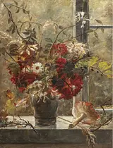 Nicoline Tuxen: Opstilling med blomster og fluesvamp i en vindueskarm. Den Hirschsprungske Samling