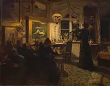 In this 1891 painting we visit the living room of the artist Anna Sophie Petersen. Fellow artists Bertha Wegmann, Jeanna Bauck and Marie Krøyer are gathered in the lamplight, listening to the violinist Frida Schytte play.