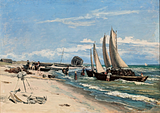 Martinus Rørbye: Stranden ved Skagen Vesterby. En båd der losser tørv. 1847. Olie på lærred. Nivaagaards Malerisamling