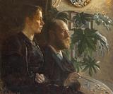 Viggo Johansen: Kunstnerens selvportræt med palet i hånden og hans hustru, Martha, ved sin side, 1898, Ribe Kunstmuseum