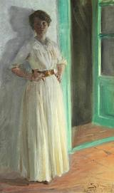 P.S. Krøyer: Marie Krøyer, 1890. Olie på lærred. Marie Krøyer, kunstnerens hustru, malet i Amalfi under parrets bryllupsrejse i 1890. Oliebilledet tilhørte Marie Krøyer selv og kom således til Sverige, da hun flyttede fra Danmark.