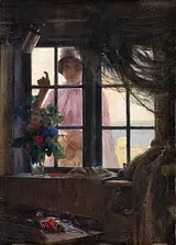 Carl Bloch: Im Badezimmer. Ein junges Mädchen klopft an das Fenster eines Fischerhauses. 1884. SMK